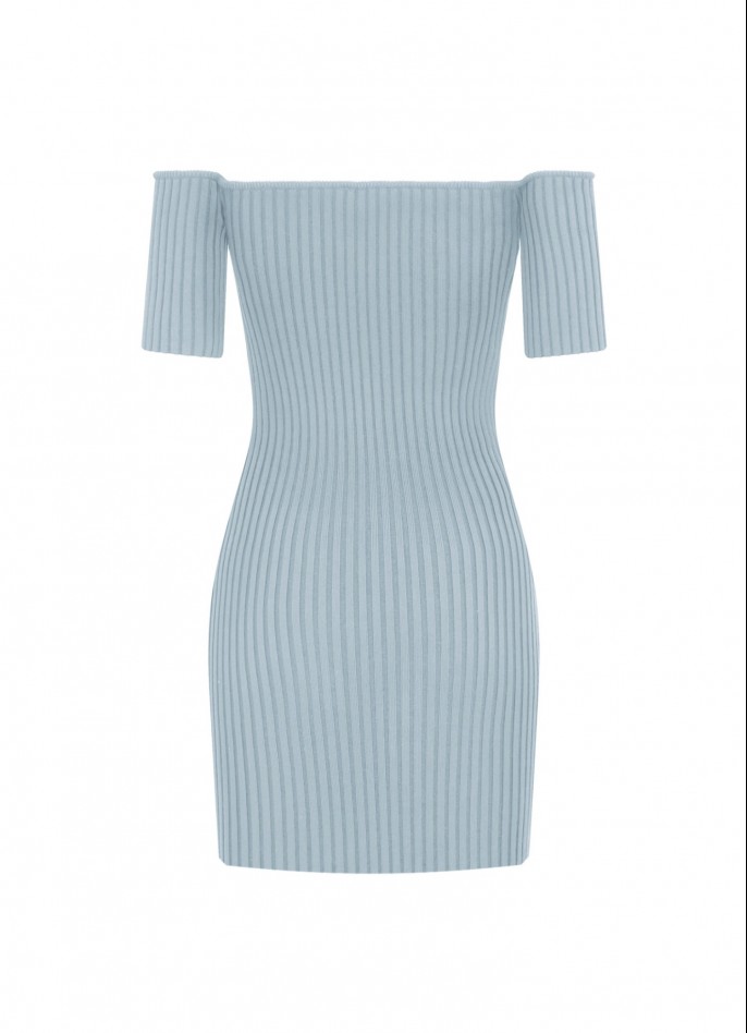 RIBBED KNIT OFF-SHOULDER SHORT-SLEEVE MINI DRESS - SKY GREY